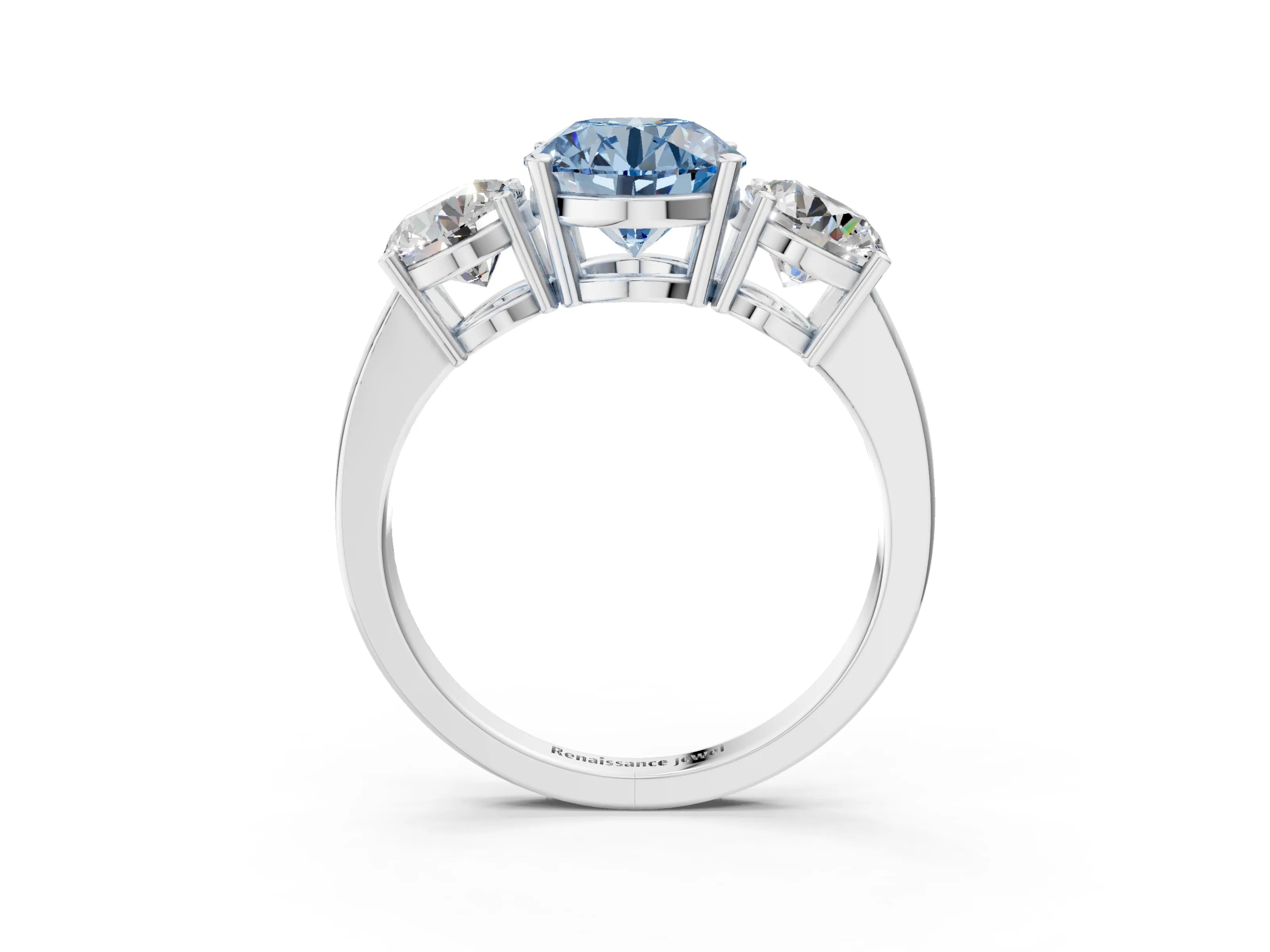 White gold Three-Stone Fancy Blue Round Cut Cut Diamond Engagement Ring with Flat Band and Four-Prong Setting_3