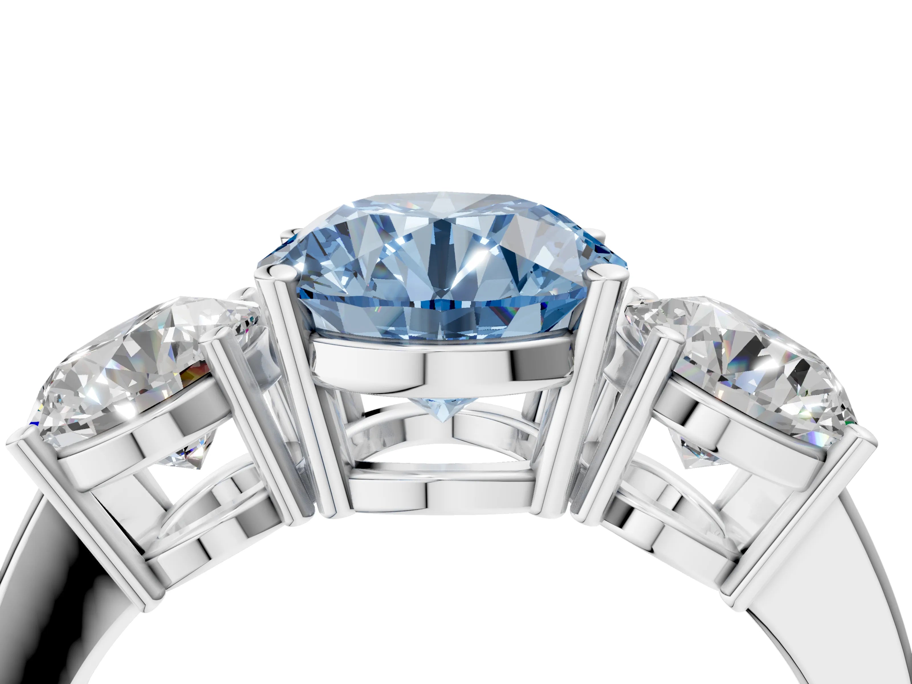 White gold Three-Stone Fancy Blue Round Cut Cut Diamond Engagement Ring with Flat Band and Four-Prong Setting_4