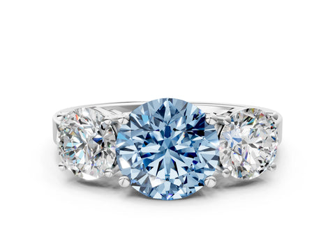 White gold Three-Stone Fancy Blue Round Cut Cut Diamond Engagement Ring with Flat Band and Four-Prong Setting