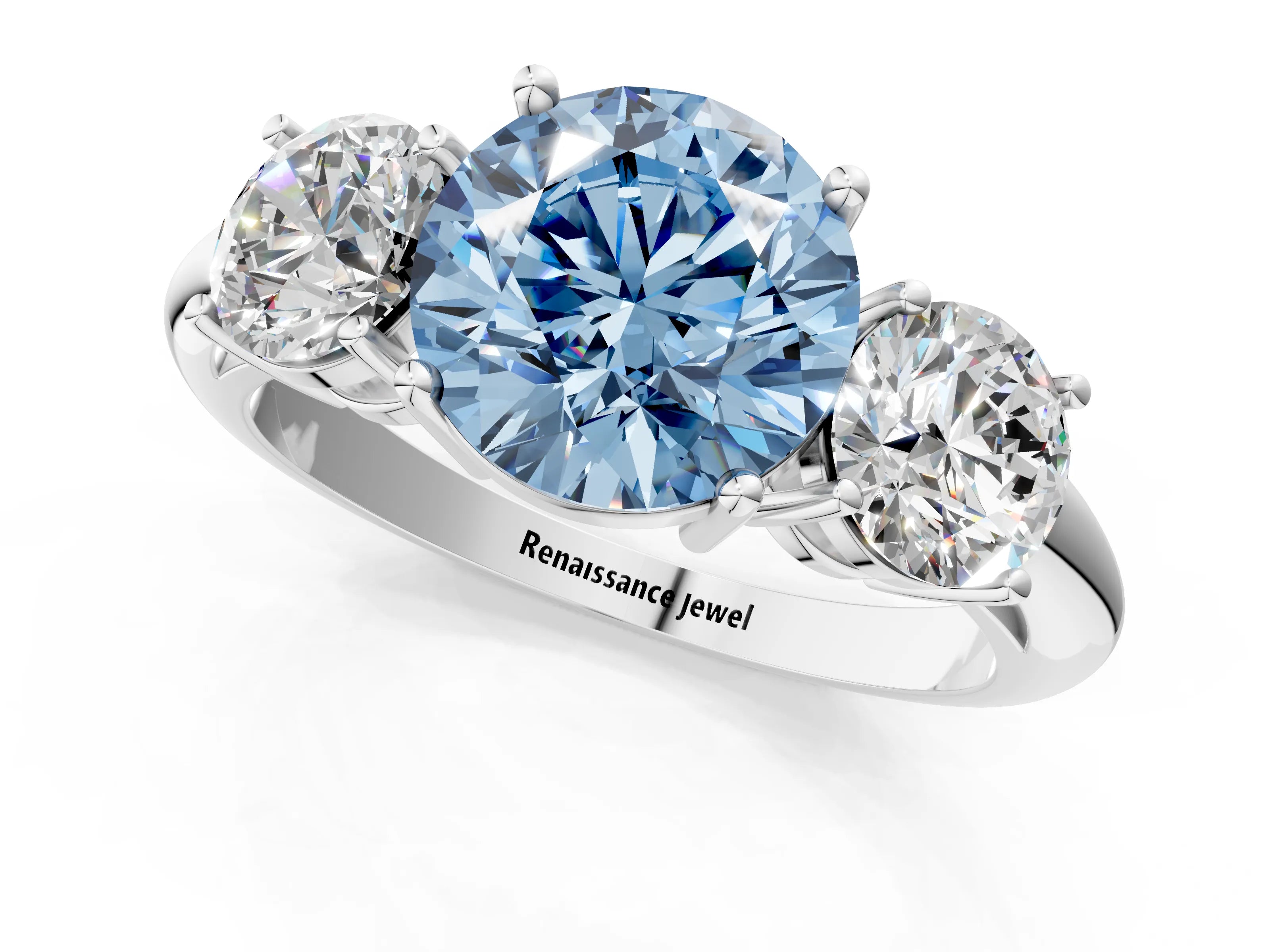 White gold Three-Stone Fancy Blue Round Cut Cut Diamond Engagement Ring with Prong Setting on a White Gold Band_13