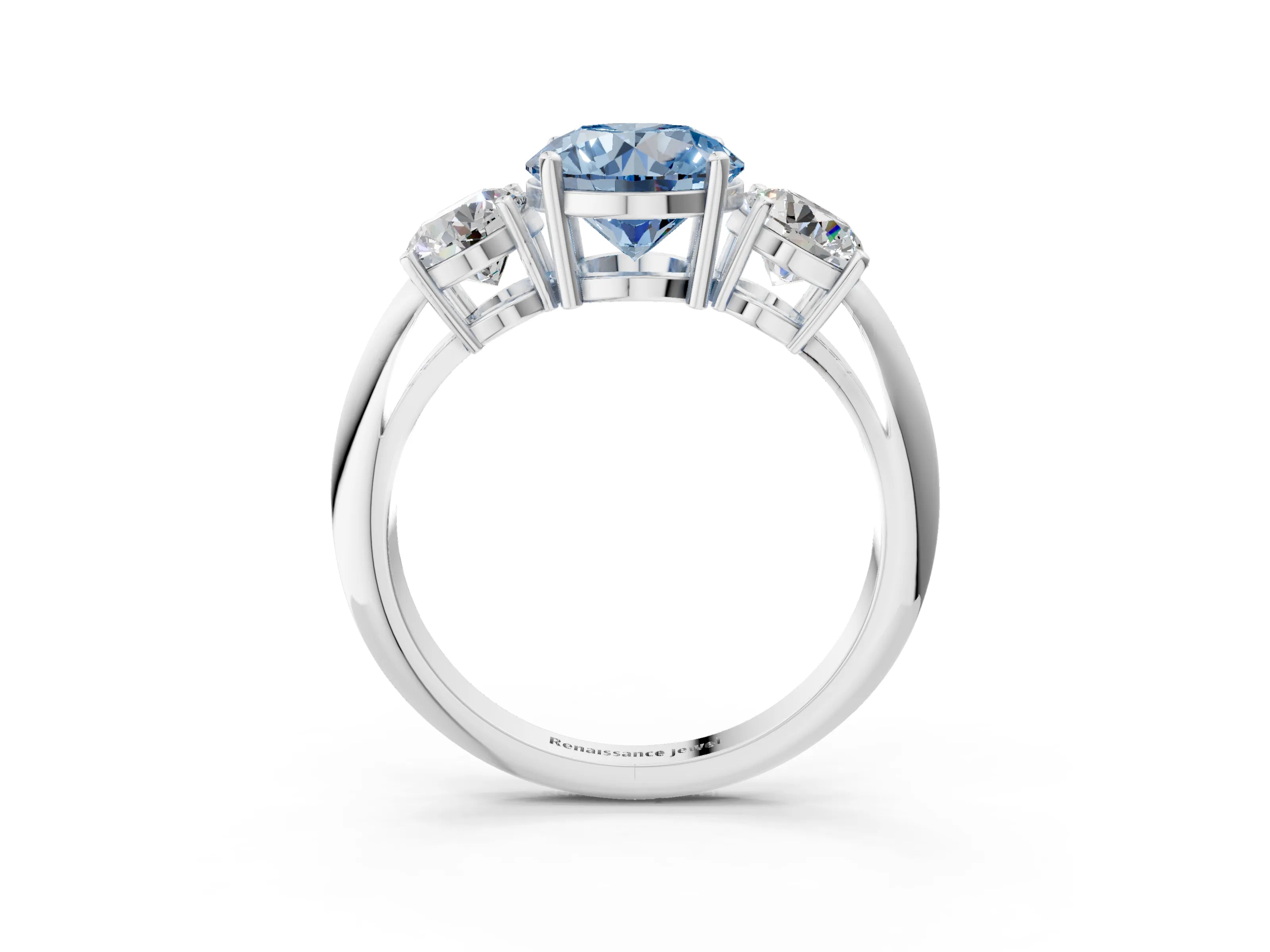 White gold Three-Stone Fancy Blue Round Cut Cut Diamond Engagement Ring with Prong Setting on a White Gold Band_15