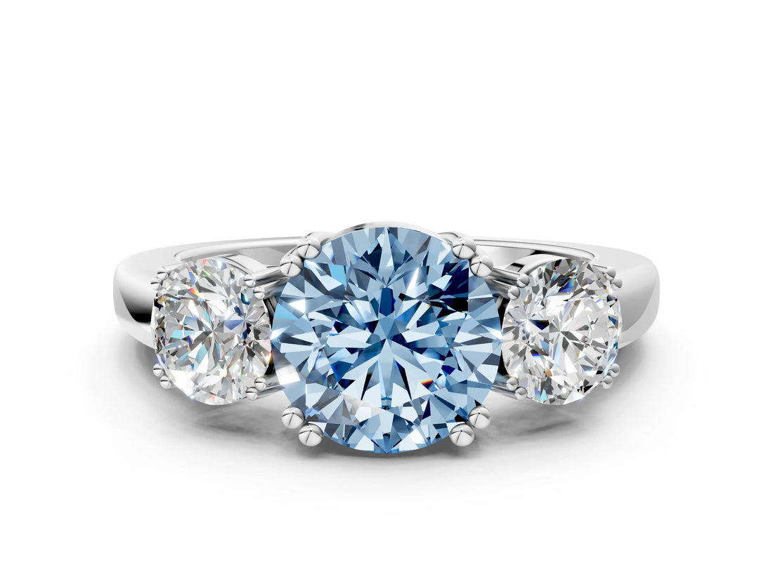 White gold Three-Stone Fancy Blue Round Cut Cut Diamond Ring with Channel Set Band and Four-Prong Setting_36