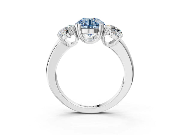 White gold Three-Stone Fancy Blue Round Cut Cut Diamond Ring with Channel Set Band and Four-Prong Setting
