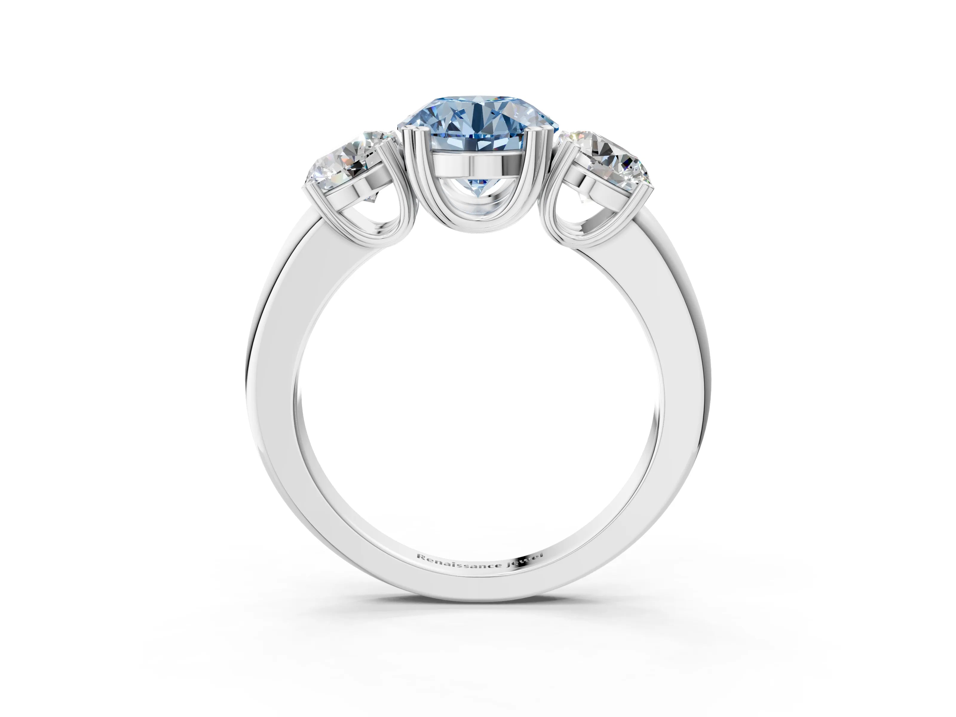 White gold Three-Stone Fancy Blue Round Cut Cut Diamond Ring with Channel Set Band and Four-Prong Setting_3