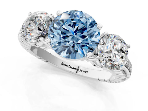 White gold Three-Stone Fancy Blue Round Cut Cut Diamond Ring with Channel-Set Band and Prong Setting_1