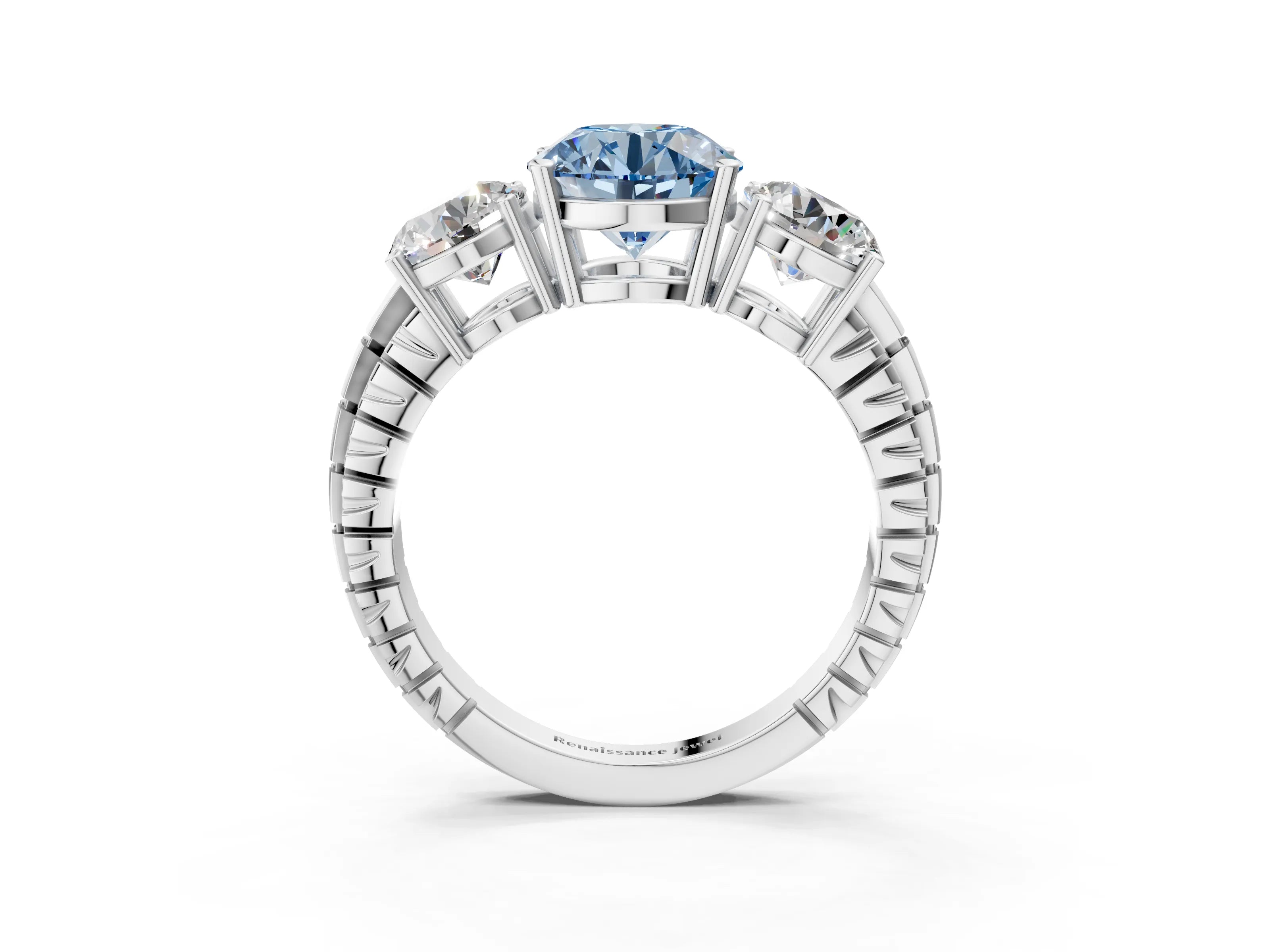 White gold Three-Stone Fancy Blue Round Cut Cut Diamond Ring with Channel-Set Band and Prong Setting_3