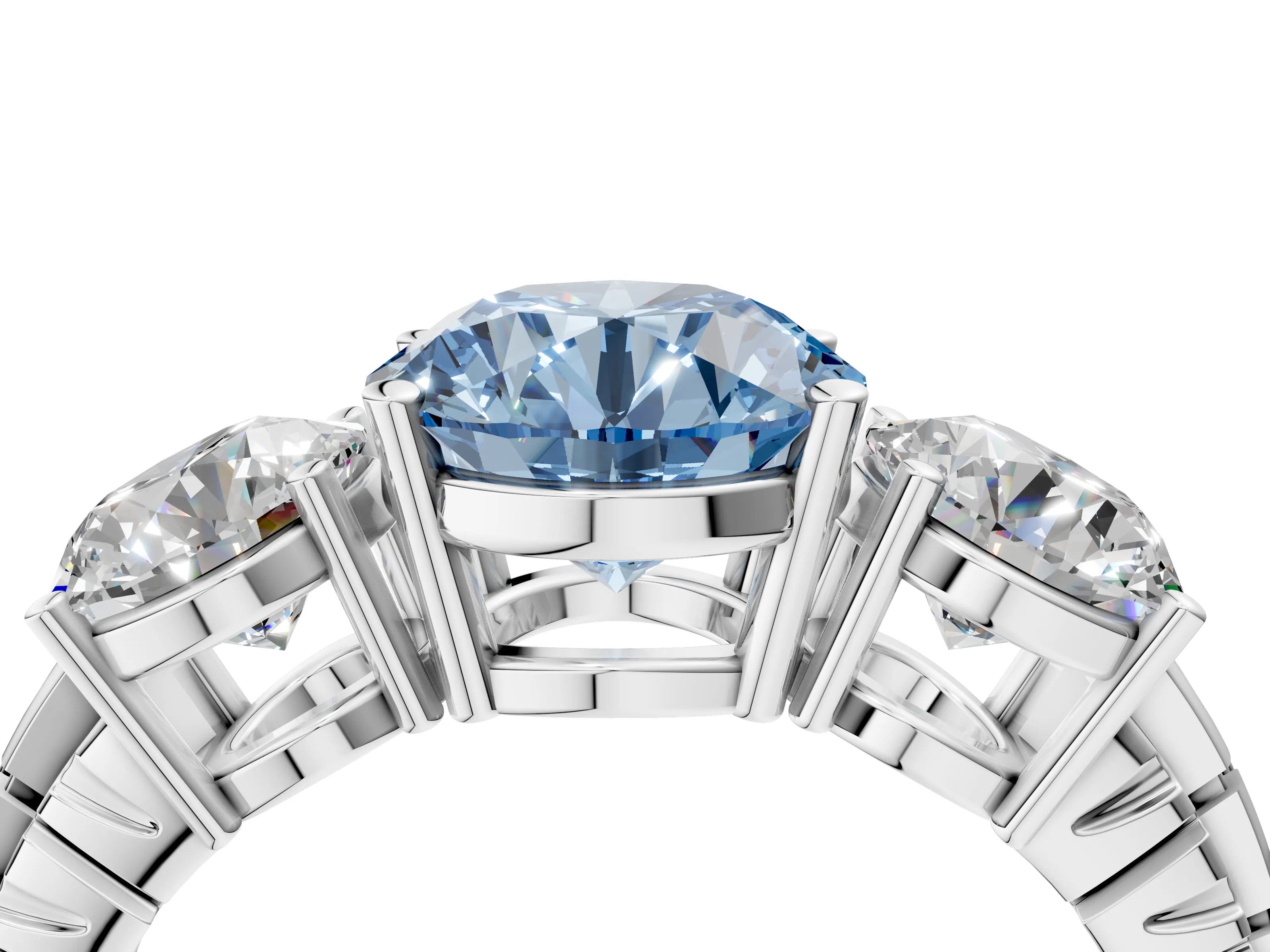 White gold Three-Stone Fancy Blue Round Cut Cut Diamond Ring with Channel-Set Band and Prong Setting_4
