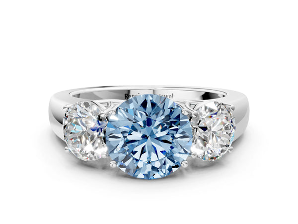 Platinum Three-Stone Fancy Blue Round Cut Cut Diamond Ring with Prong Setting and Classic Band