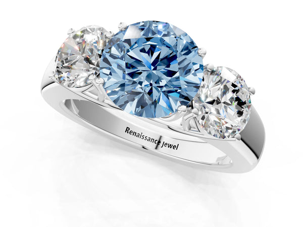 Platinum Three-Stone Fancy Blue Round Cut Cut Diamond Ring with Prong Setting and Classic Band