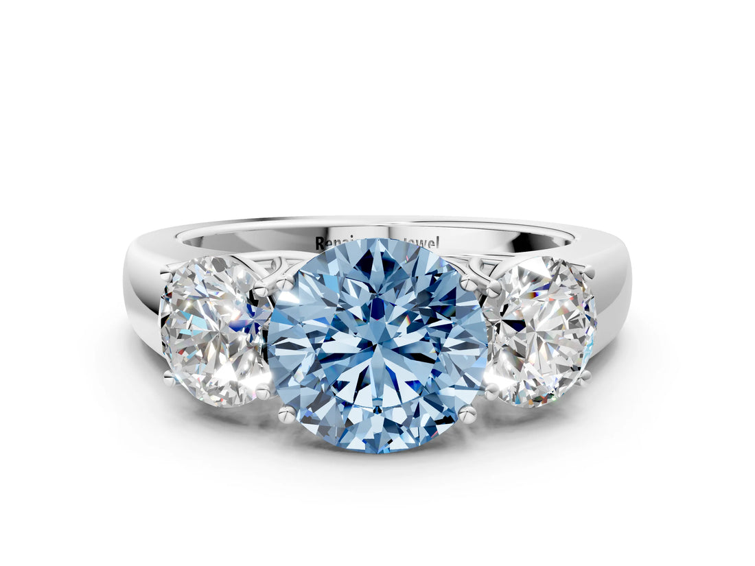 White gold Three-Stone Fancy Blue Round Cut Cut Diamond Ring with Prong Setting and Classic Band_12