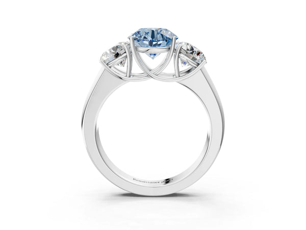 Platinum Three-Stone Fancy Blue Round Cut Cut Diamond Ring with Prong Setting and Classic Band