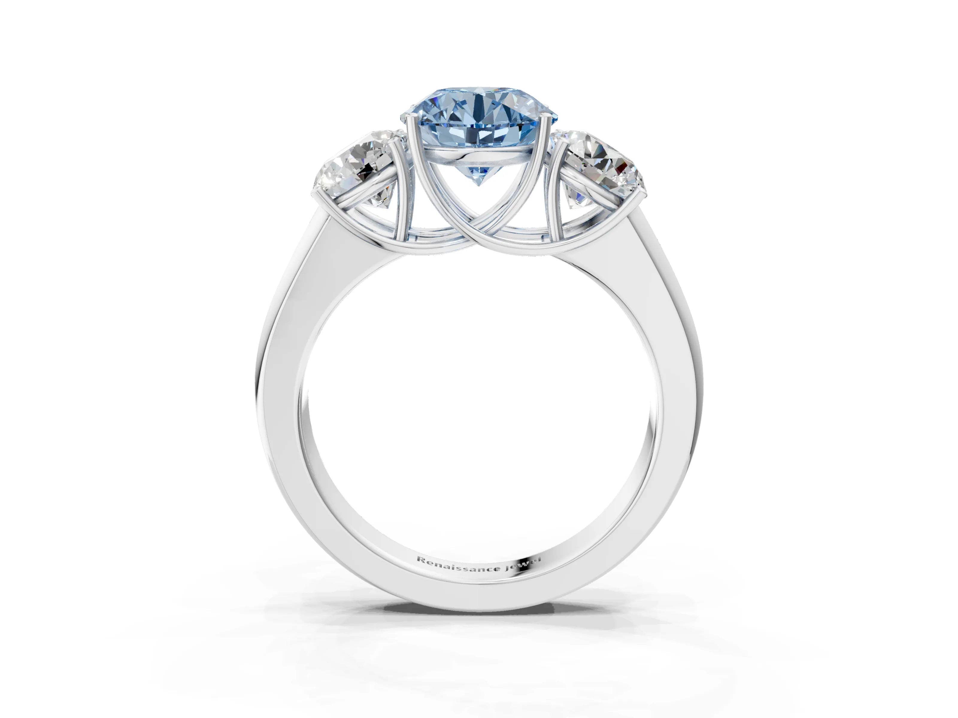 White gold Three-Stone Fancy Blue Round Cut Cut Diamond Ring with Prong Setting and Classic Band_3