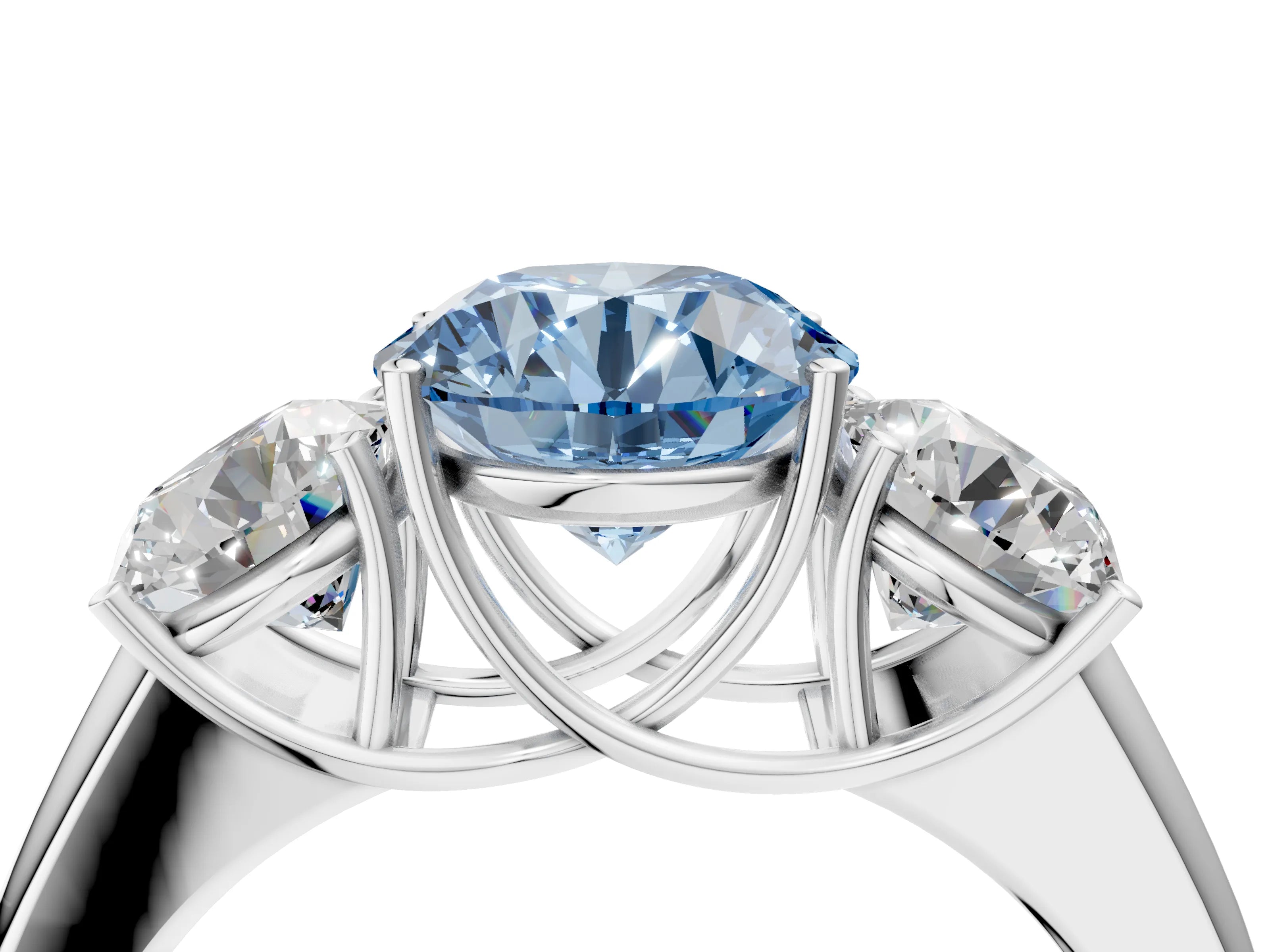 White gold Three-Stone Fancy Blue Round Cut Cut Diamond Ring with Prong Setting and Classic Band_4
