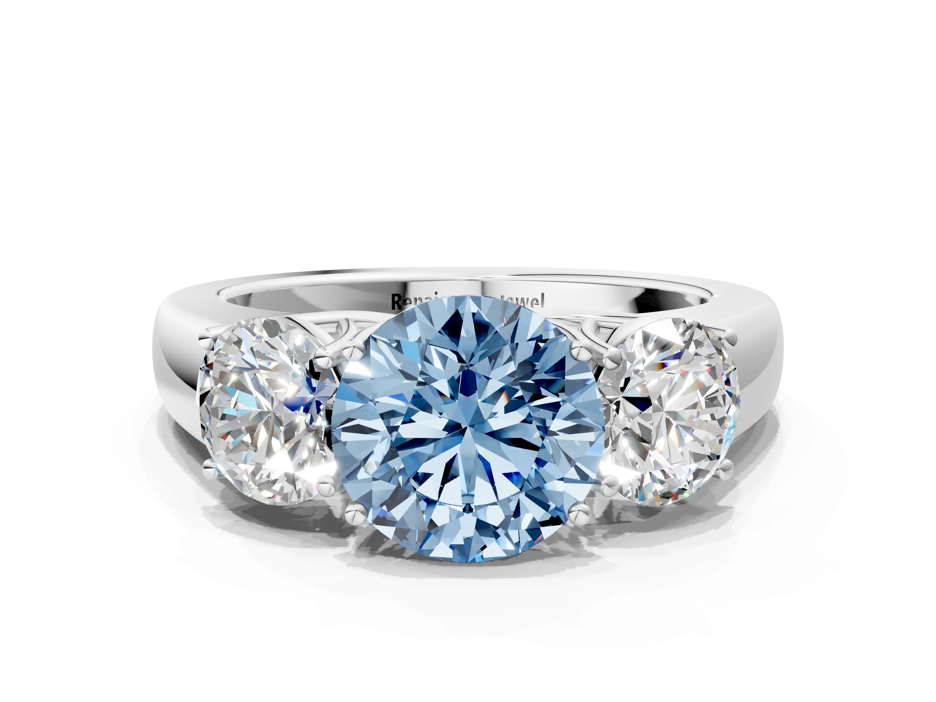 White gold Three-Stone Fancy Blue Round Cut Cut Diamond Ring with Prong Setting and Classic Band