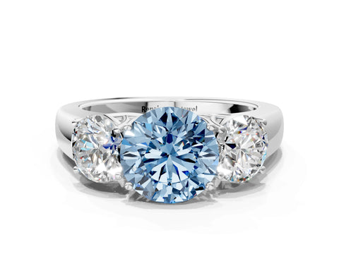 White gold Three-Stone Fancy Blue Round Cut Cut Diamond Ring with Prong Setting and Classic Band