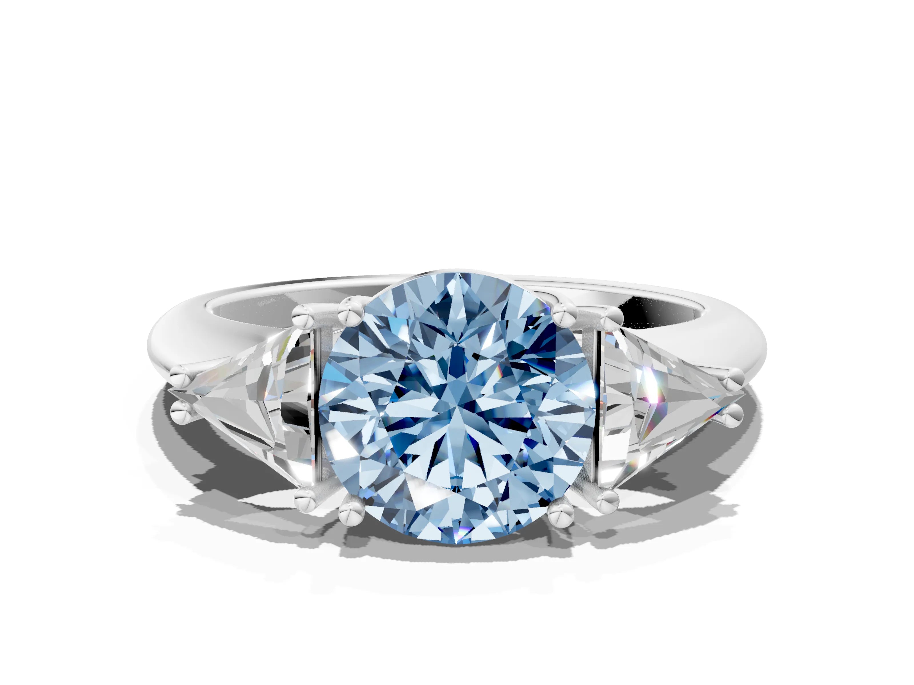 White gold Three-Stone Fancy Blue Round Cut Cut Diamond Ring with Trillion Side Stones and Four-Prong Setting_11