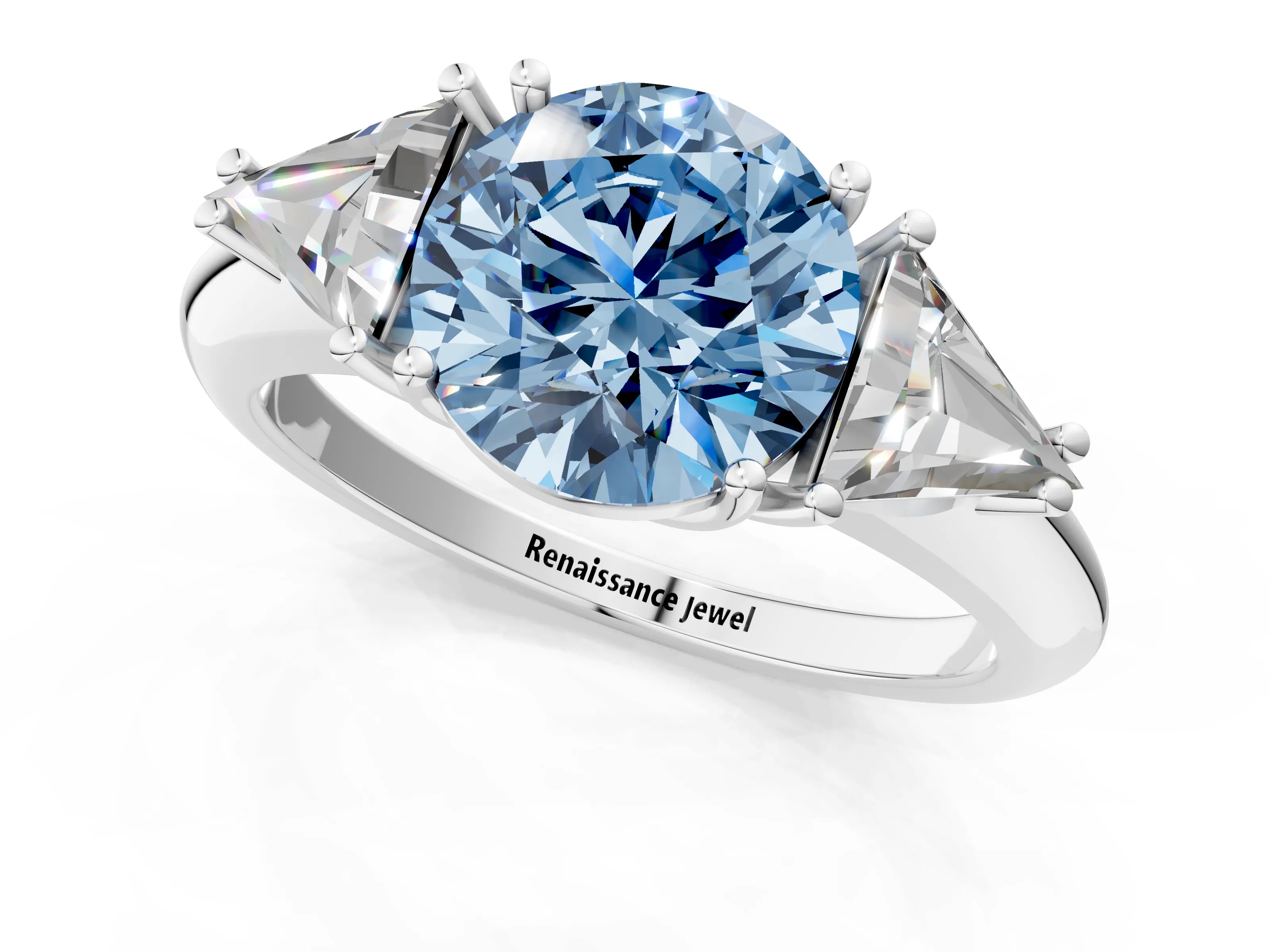 White gold Three-Stone Fancy Blue Round Cut Cut Diamond Ring with Trillion Side Stones and Four-Prong Setting_12