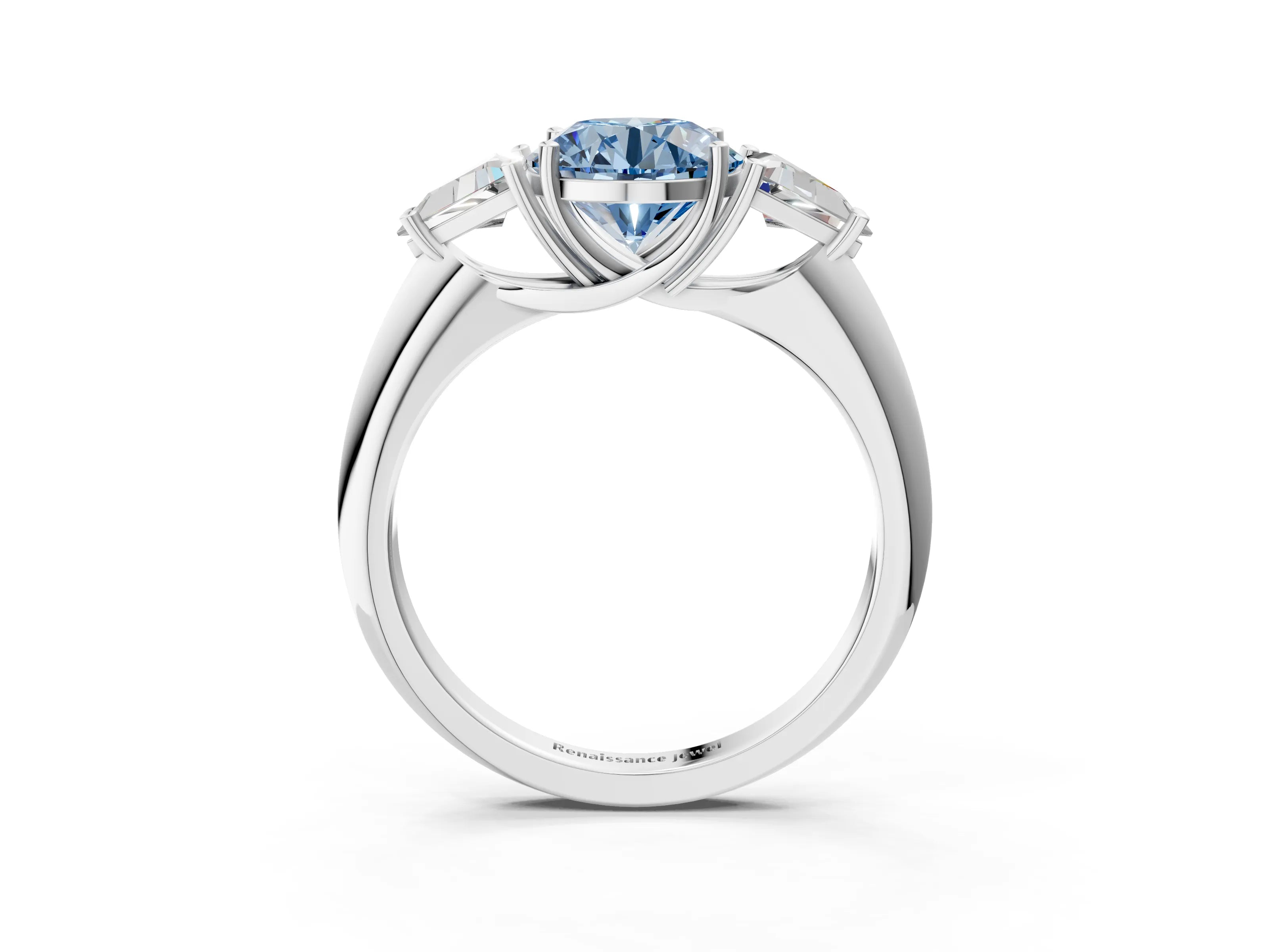 White gold Three-Stone Fancy Blue Round Cut Cut Diamond Ring with Trillion Side Stones and Four-Prong Setting_14
