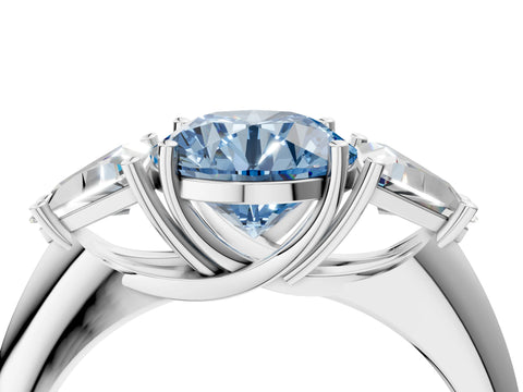 White gold Three-Stone Fancy Blue Round Cut Cut Diamond Ring with Trillion Side Stones and Four-Prong Setting_15