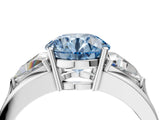 White gold Three-Stone Fancy Blue Round Cut Cut Diamond Ring with Trillion Side Stones on a Split Shank Band_4