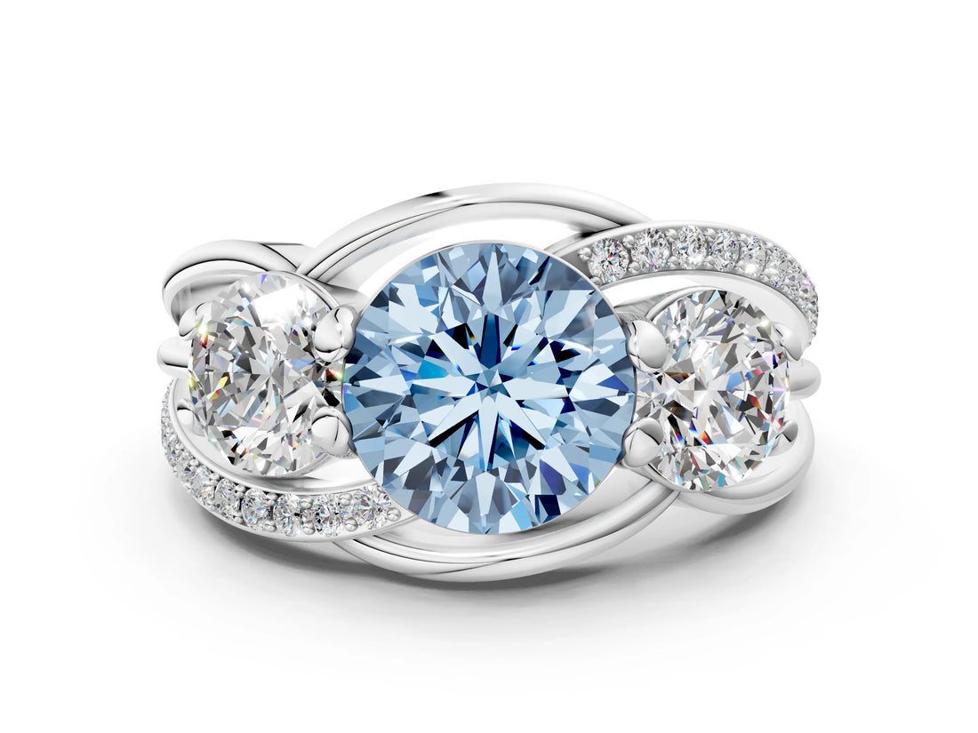 White gold Three-Stone Fancy Blue Round Cut Cut Diamond Split Shank Prong Set Ring_12