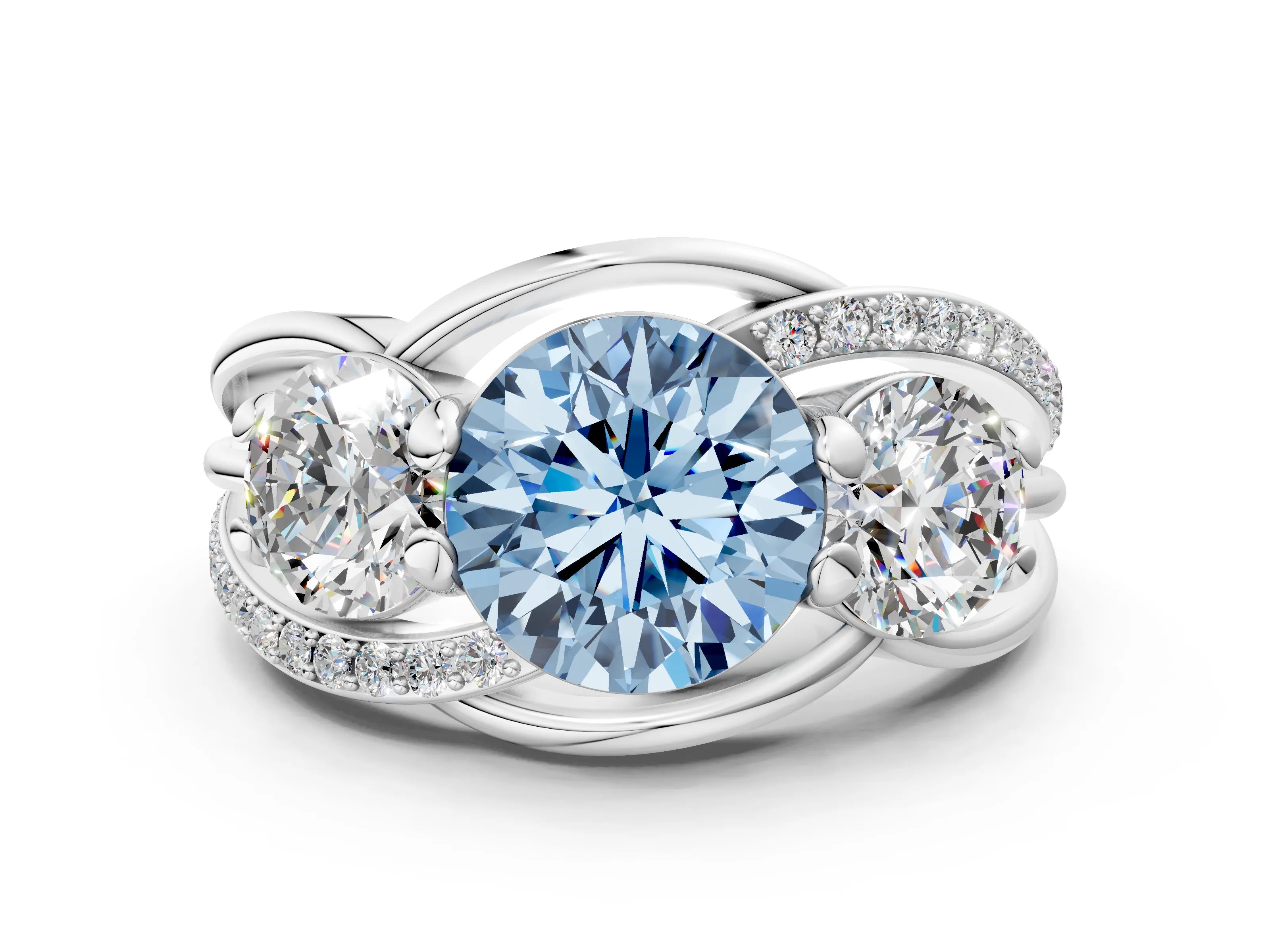 White gold Three-Stone Fancy Blue Round Cut Cut Diamond Split Shank Prong Set Ring_12
