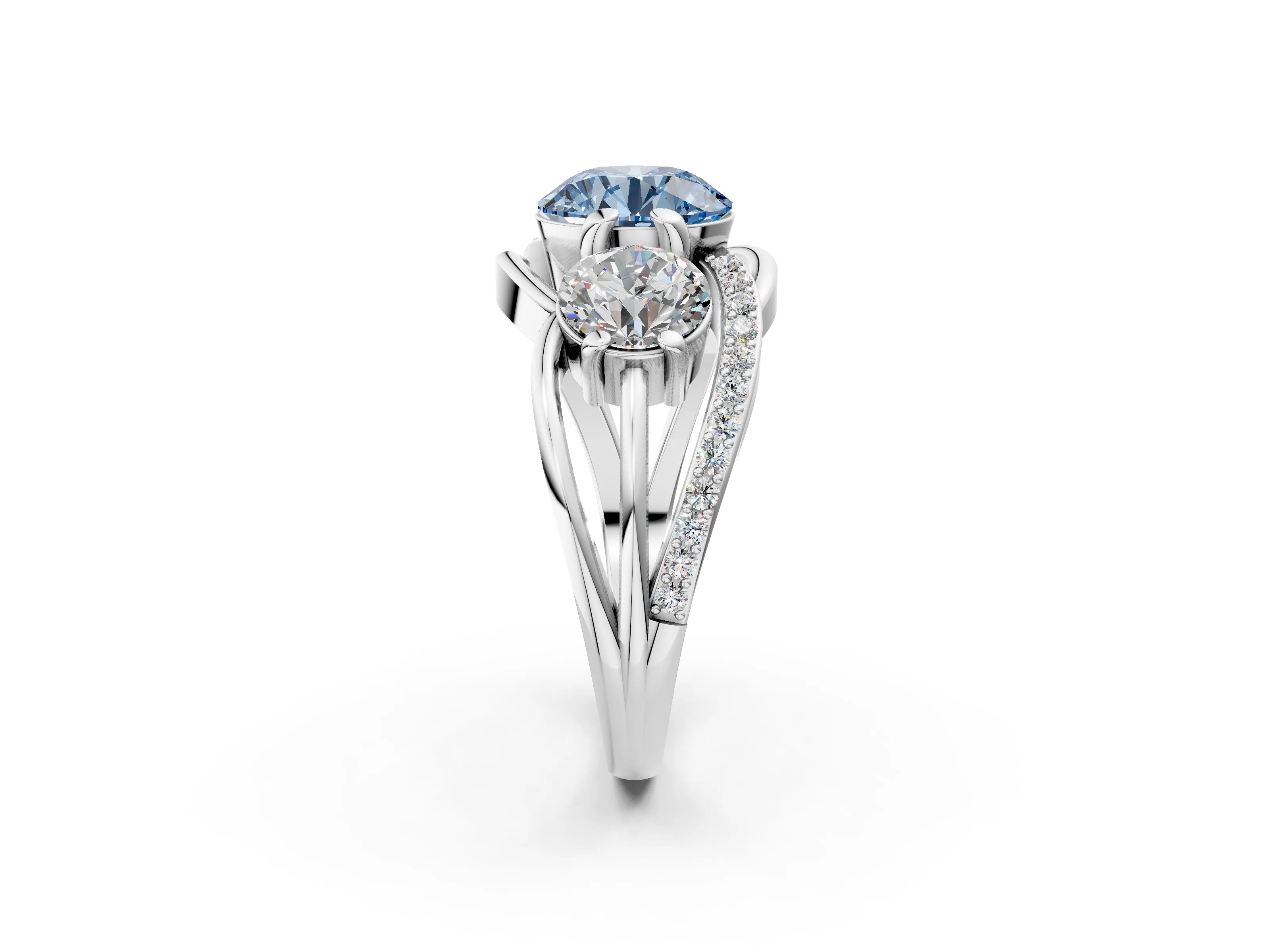 White gold Three-Stone Fancy Blue Round Cut Cut Diamond Split Shank Prong Set Ring_14