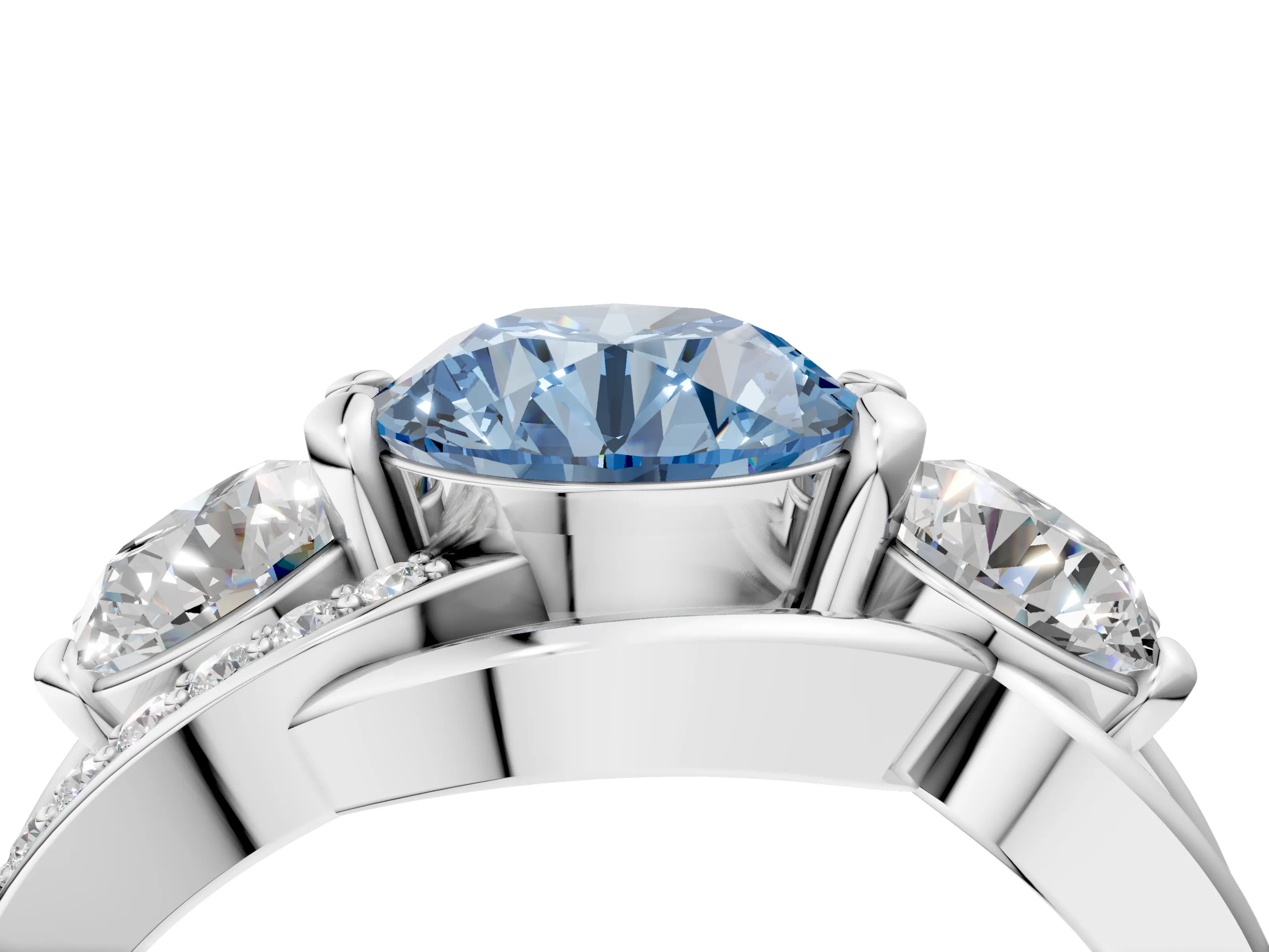 White gold Three-Stone Fancy Blue Round Cut Cut Diamond Split Shank Prong Set Ring_16