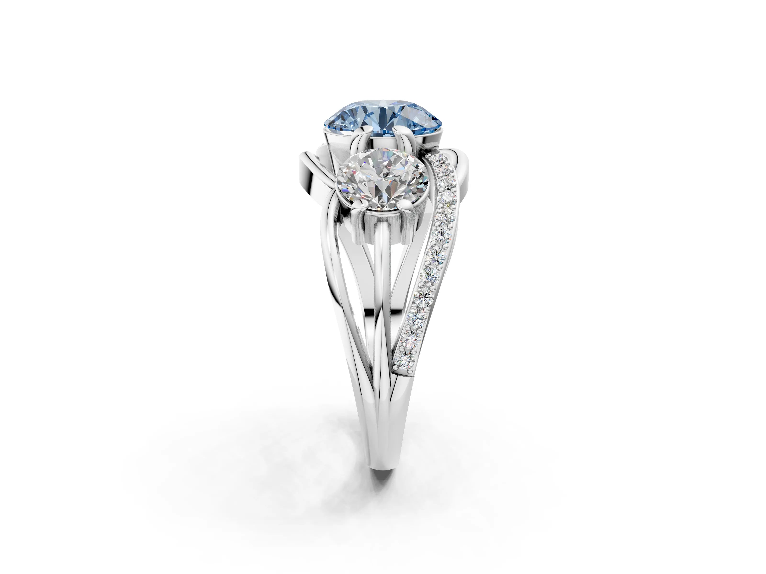 White gold Three-Stone Fancy Blue Round Cut Cut Diamond Split Shank Prong Set Ring_2