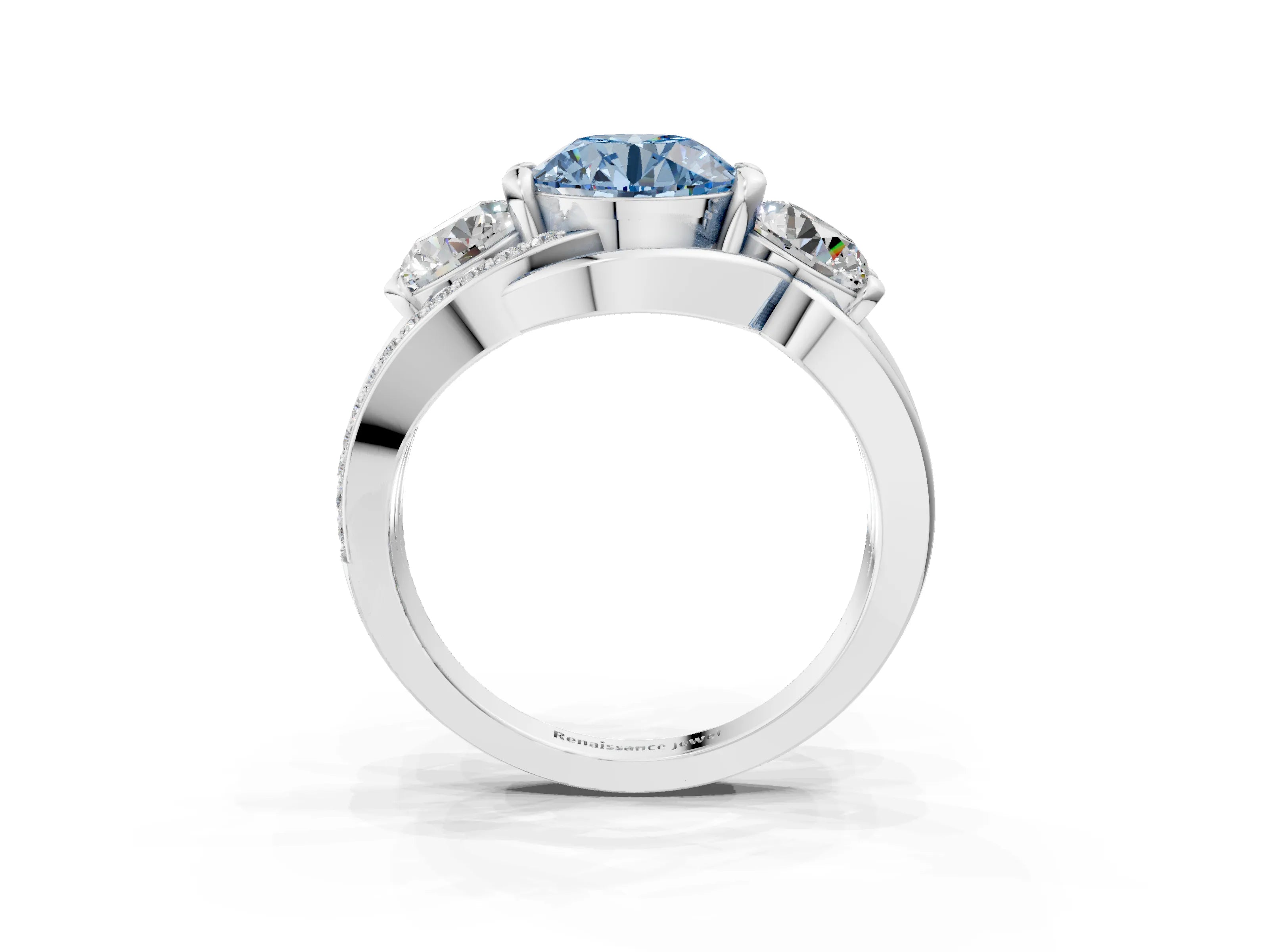 White gold Three-Stone Fancy Blue Round Cut Cut Diamond Split Shank Prong Set Ring_3