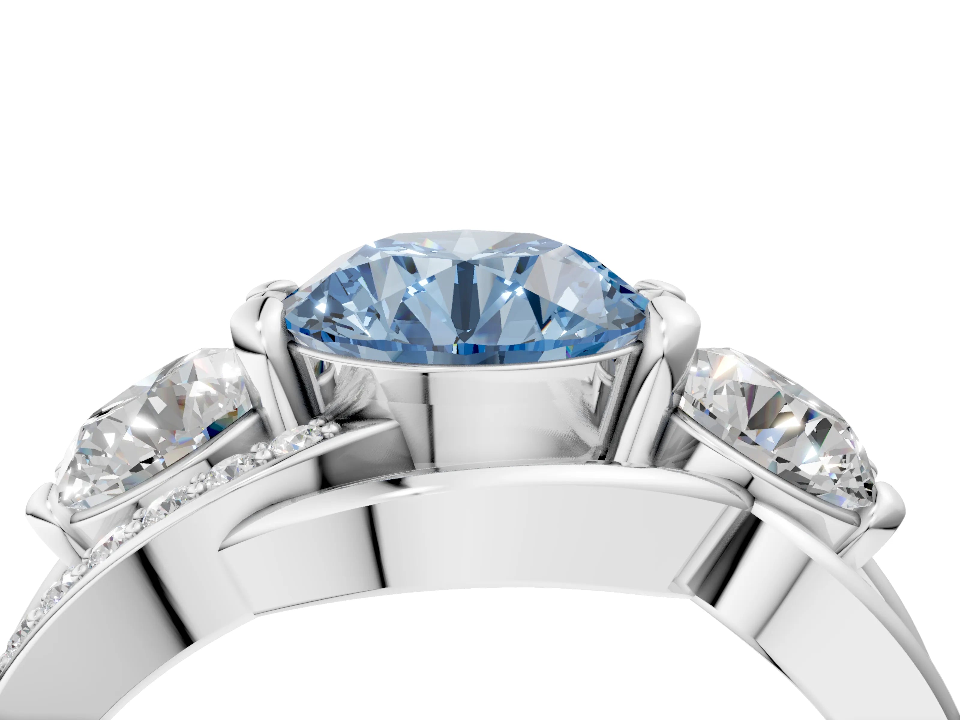 White gold Three-Stone Fancy Blue Round Cut Cut Diamond Split Shank Prong Set Ring_4