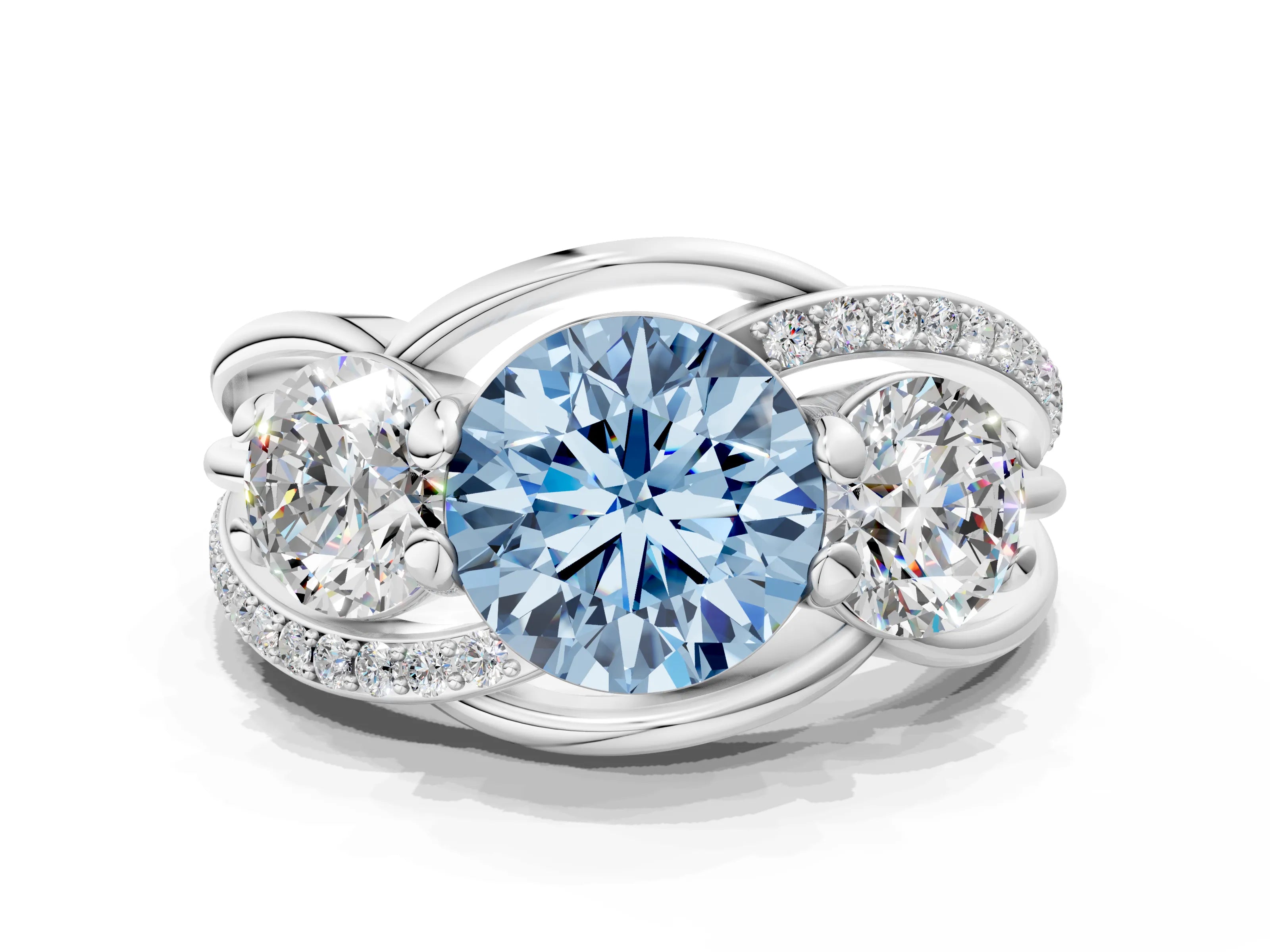 White gold Three-Stone Fancy Blue Round Cut Cut Diamond Split Shank Prong Set Ring