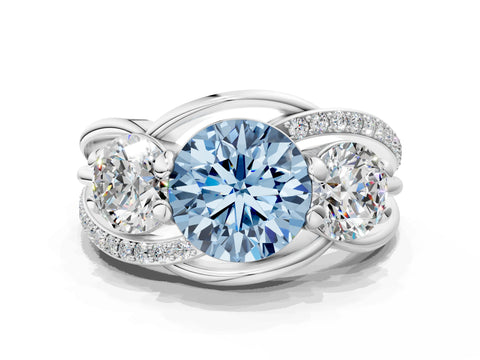 White gold Three-Stone Fancy Blue Round Cut Cut Diamond Split Shank Prong Set Ring