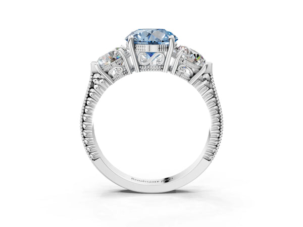 White gold Three-Stone Fancy Blue Round Cut Cut Milgrain Band Prong Setting Ring