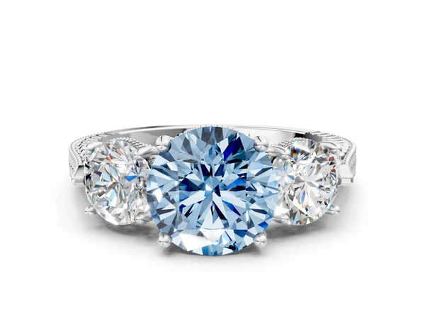 White gold Three-Stone Fancy Blue Round Cut Cut Milgrain Band Prong Setting Ring
