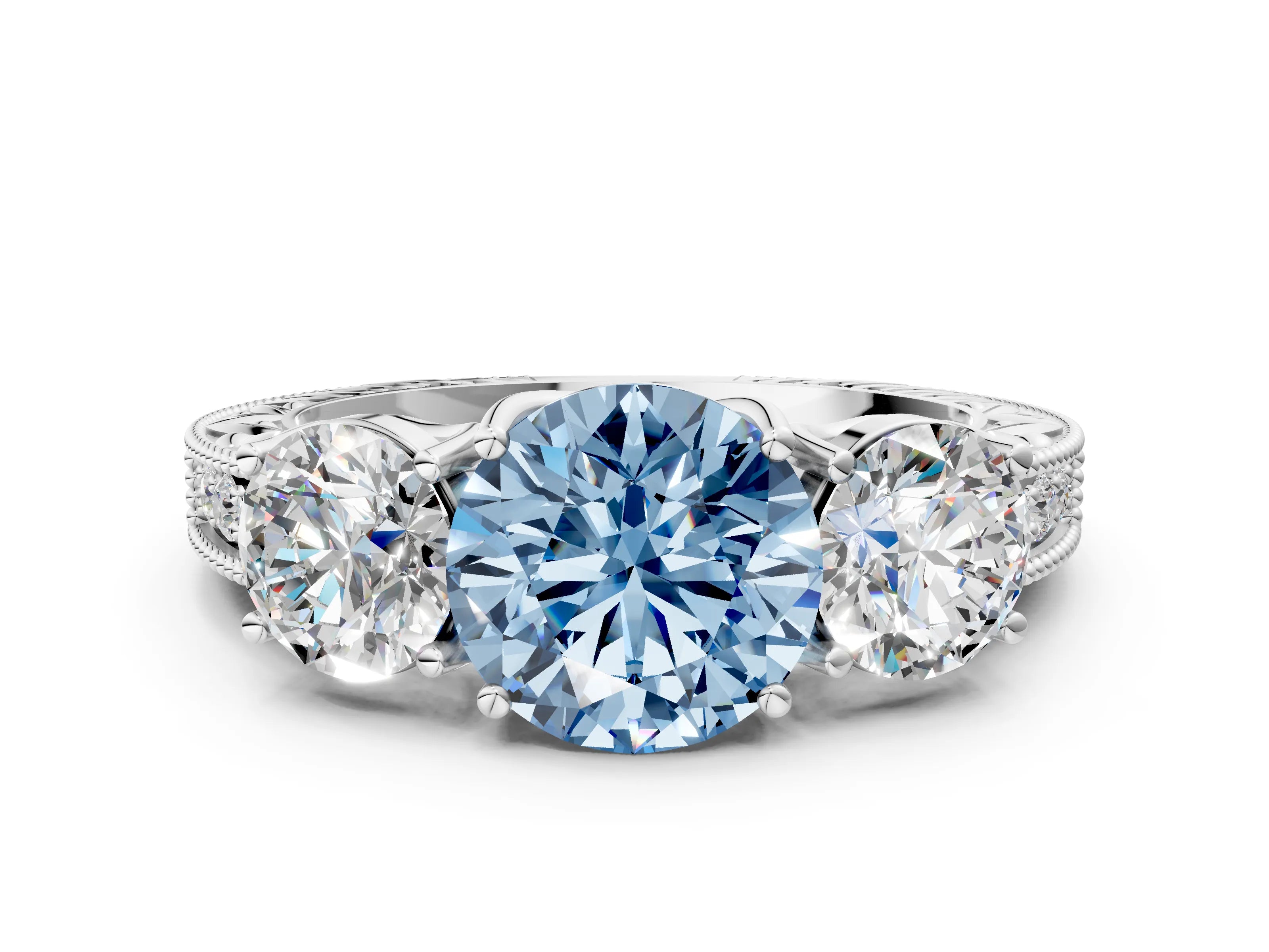 White gold Three-Stone Fancy Blue Round Cut Cut Milgrain Pavé Engagement Ring_12
