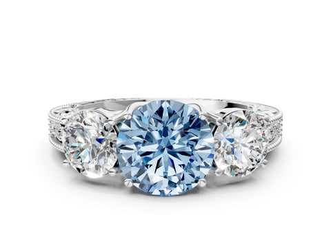 White gold Three-Stone Fancy Blue Round Cut Cut Milgrain Pavé Engagement Ring_12