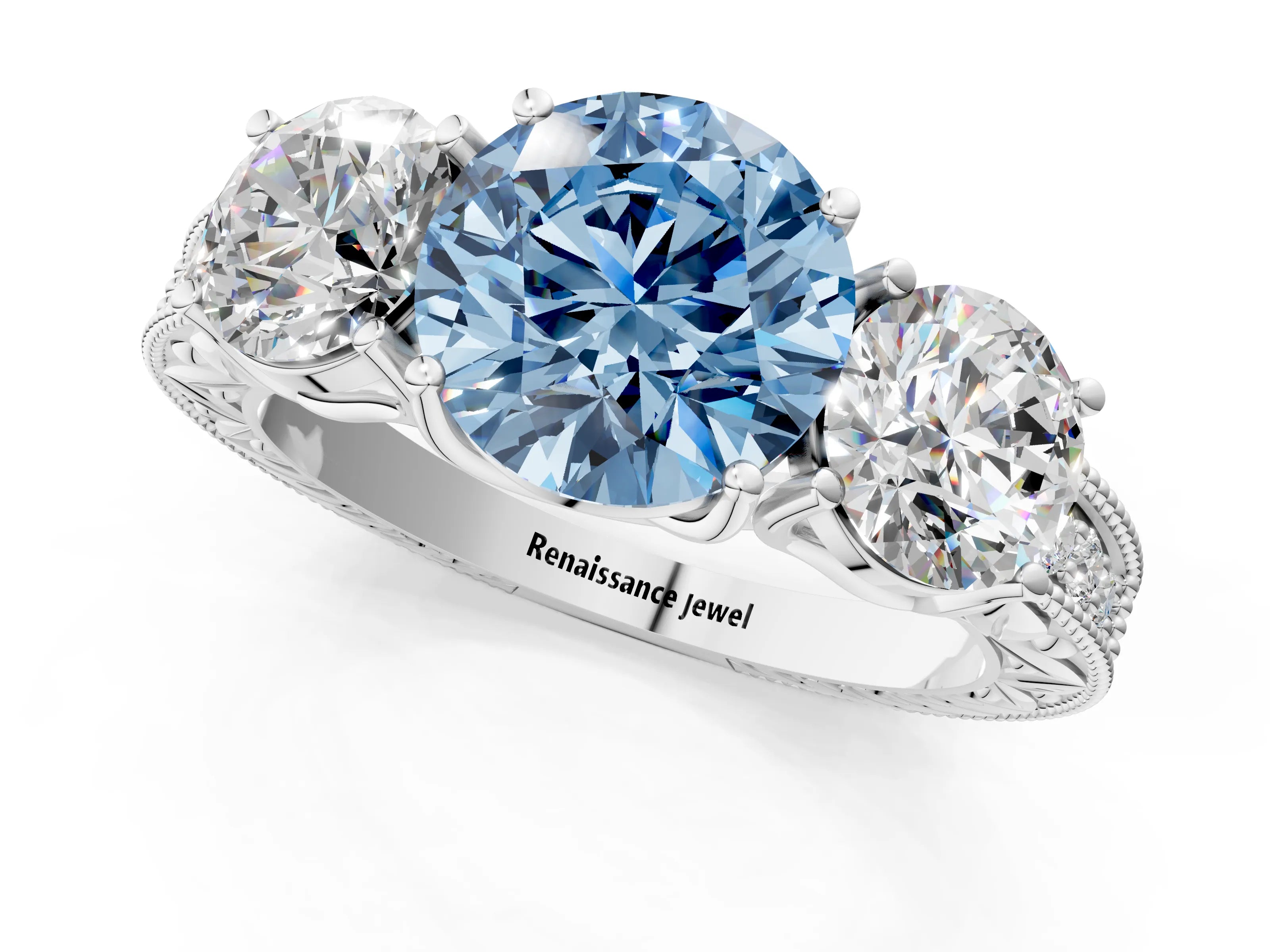 White gold Three-Stone Fancy Blue Round Cut Cut Milgrain Pavé Engagement Ring_13