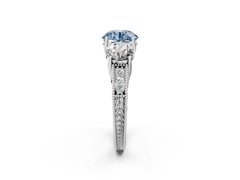White gold Three-Stone Fancy Blue Round Cut Cut Milgrain Pavé Engagement Ring_14