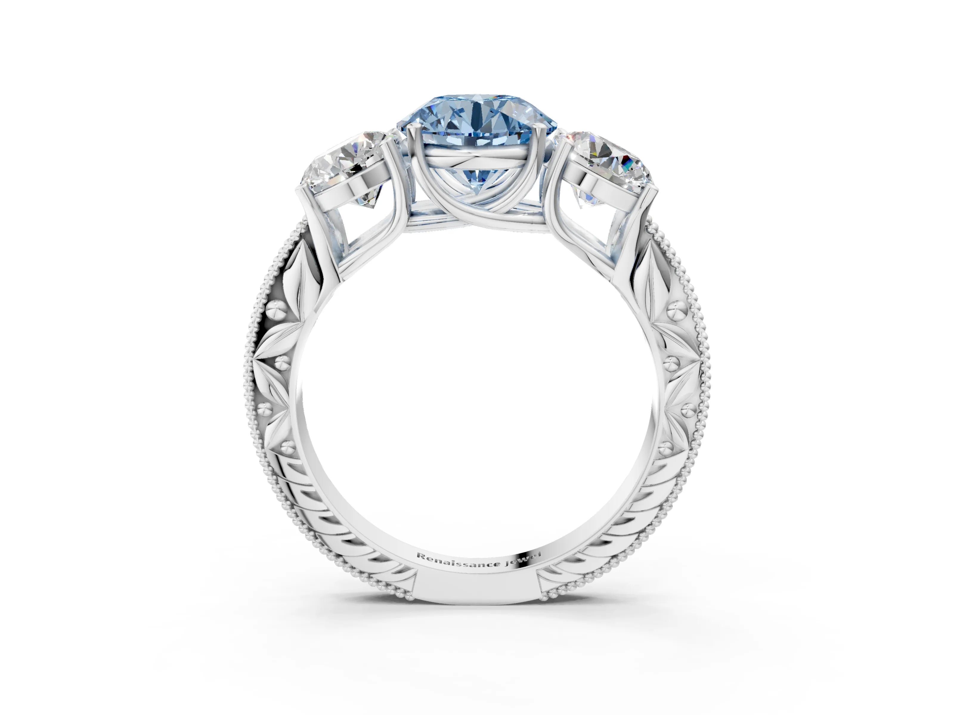White gold Three-Stone Fancy Blue Round Cut Cut Milgrain Pavé Engagement Ring_15