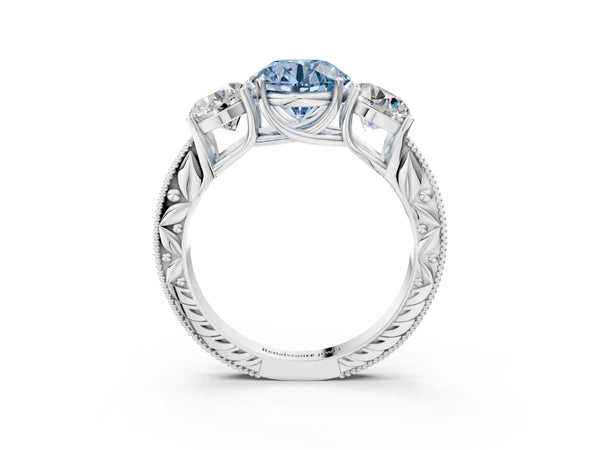 Platinum Three-Stone Fancy Blue Round Cut Cut Milgrain Pavé Engagement Ring