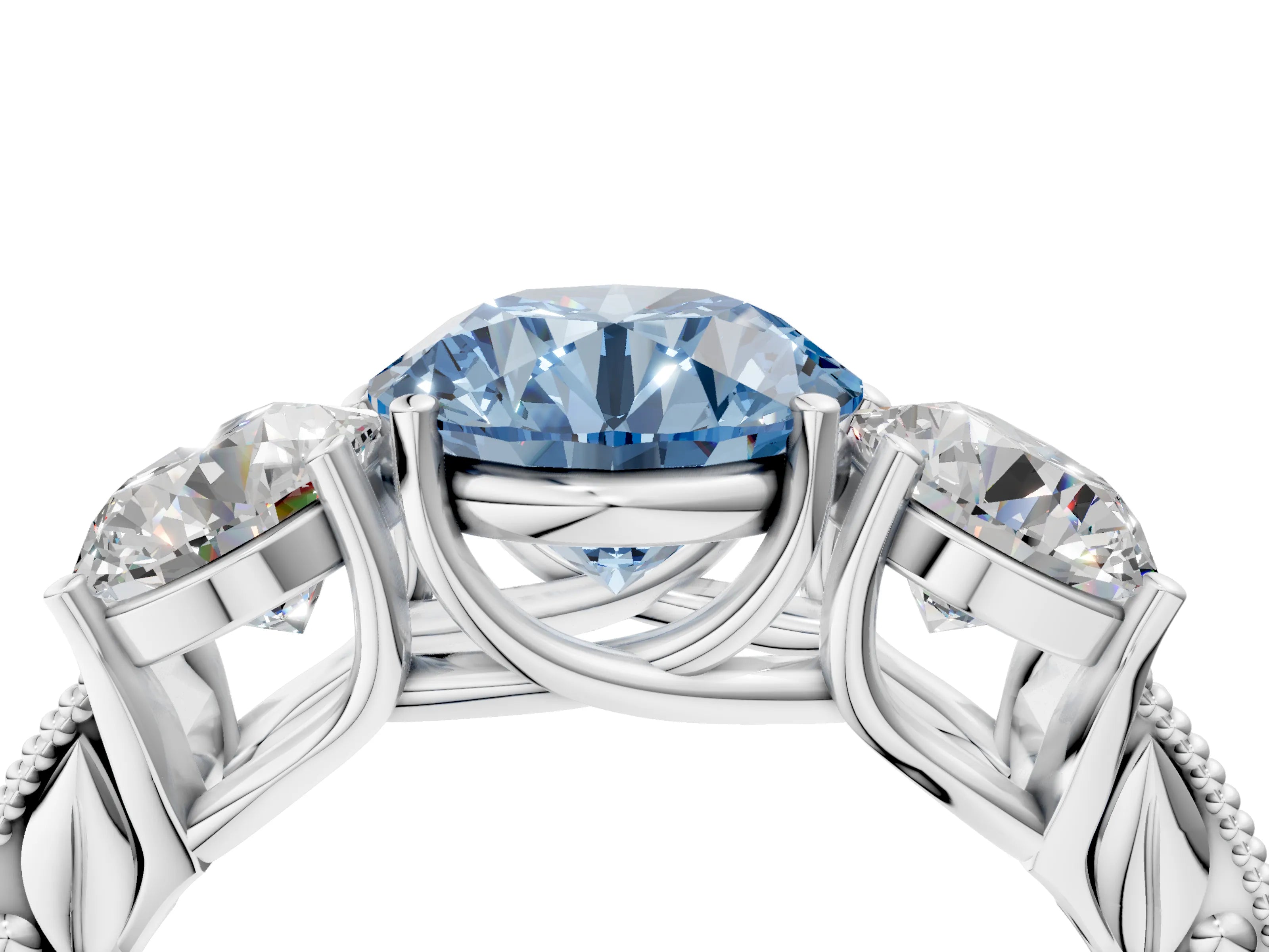 White gold Three-Stone Fancy Blue Round Cut Cut Milgrain Pavé Engagement Ring_16