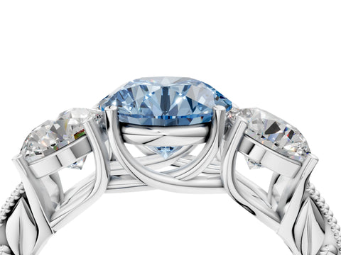 White gold Three-Stone Fancy Blue Round Cut Cut Milgrain Pavé Engagement Ring_16