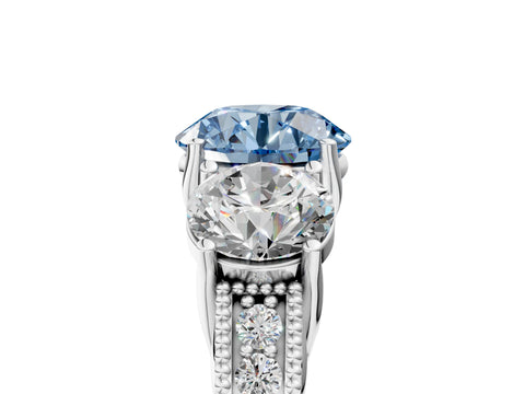 White gold Three-Stone Fancy Blue Round Cut Cut Milgrain Pavé Engagement Ring_17