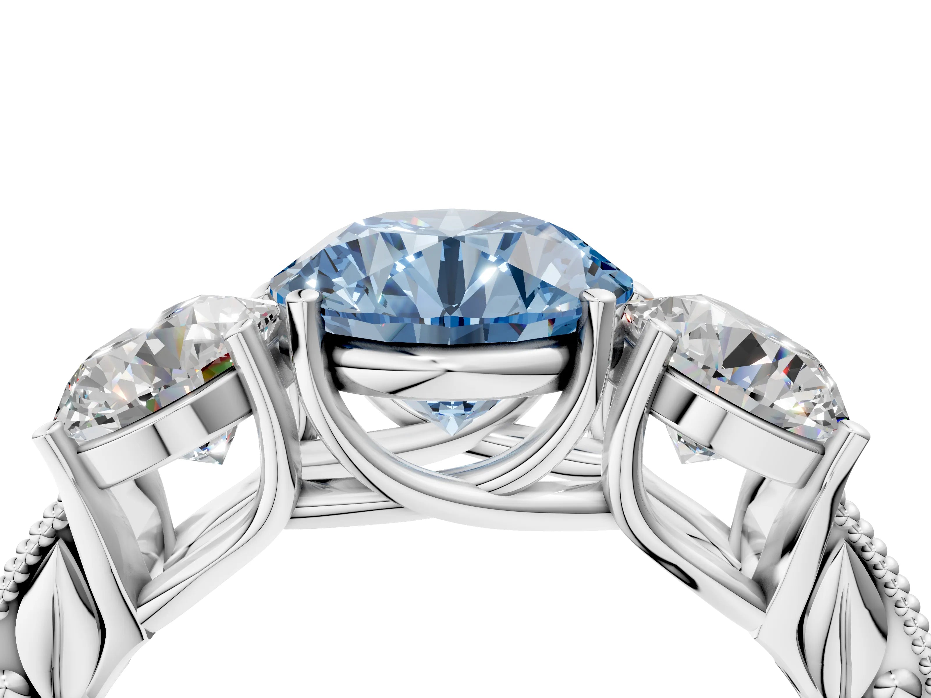 White gold Three-Stone Fancy Blue Round Cut Cut Milgrain Pavé Engagement Ring_22