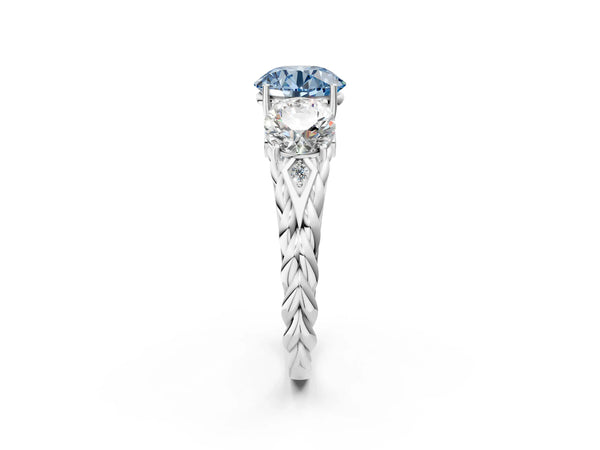 Platinum Three-Stone Fancy Blue Round Cut Diamond Braided Band Ring with Four-Prong Setting