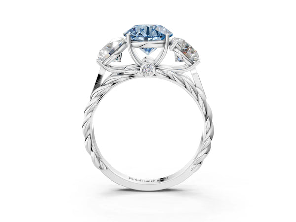 Platinum Three-Stone Fancy Blue Round Cut Diamond Braided Band Ring with Four-Prong Setting