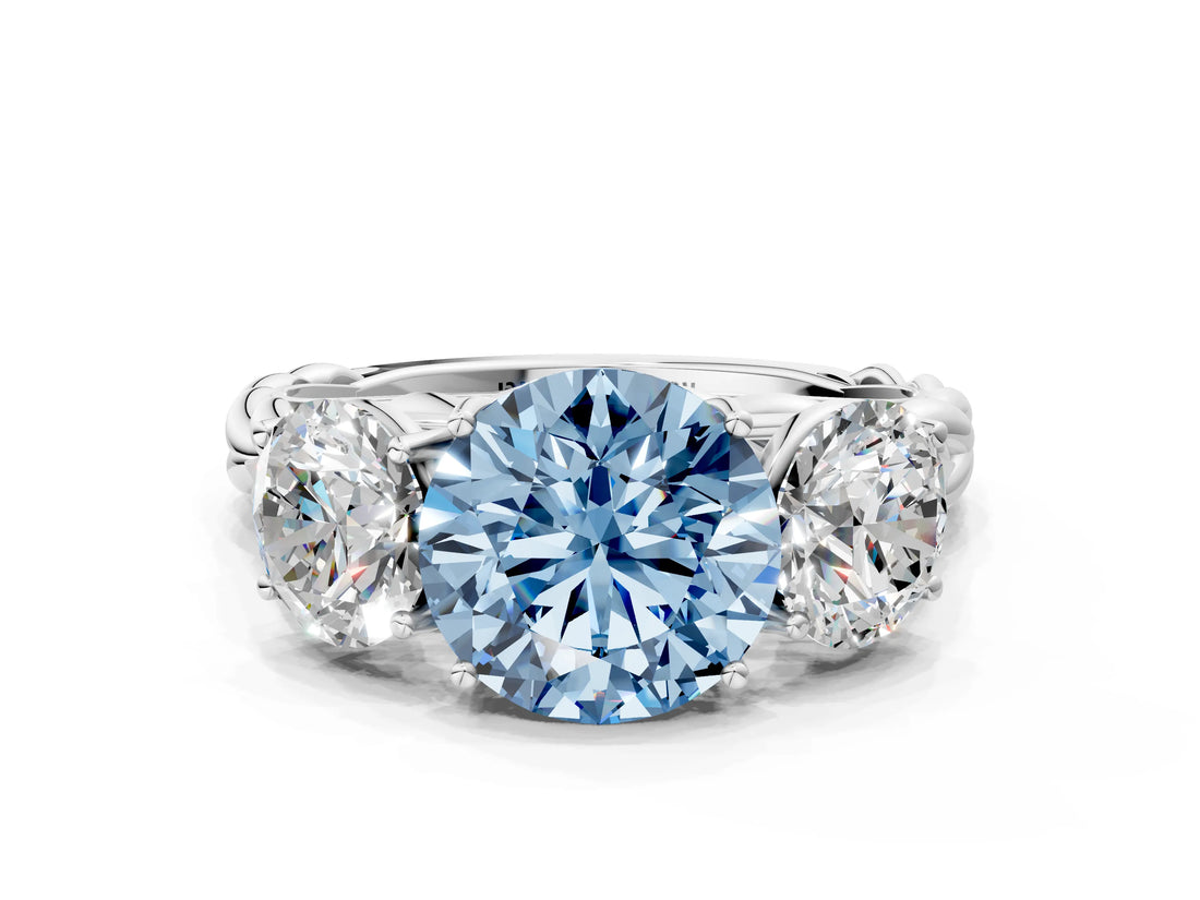 White gold Three-Stone Fancy Blue Round Cut Diamond Braided Band Ring with Four-Prong Setting_52
