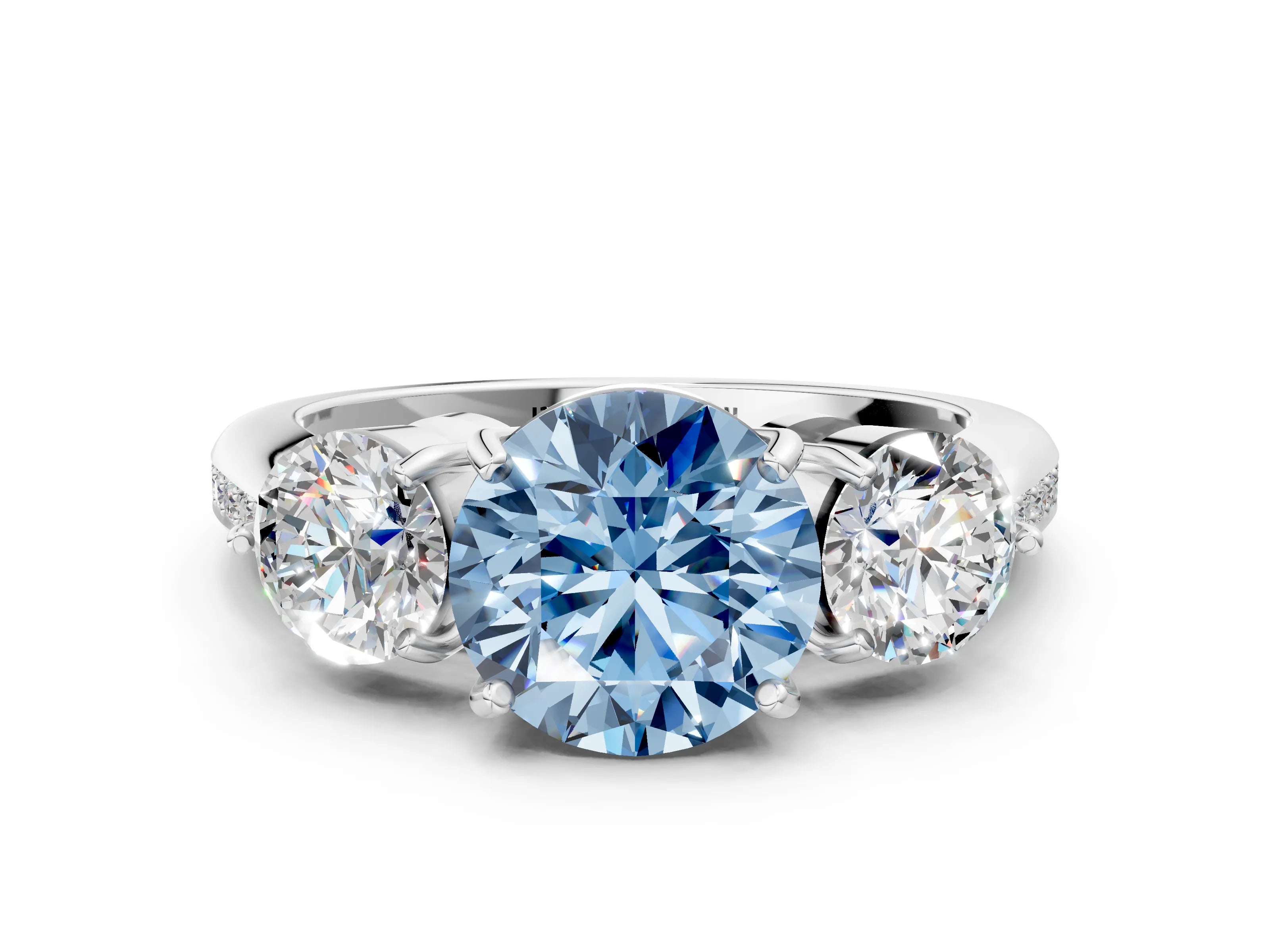 White gold Three-Stone Fancy Blue Round Cut Diamond Channel Set Engagement Ring with Prong Setting_12