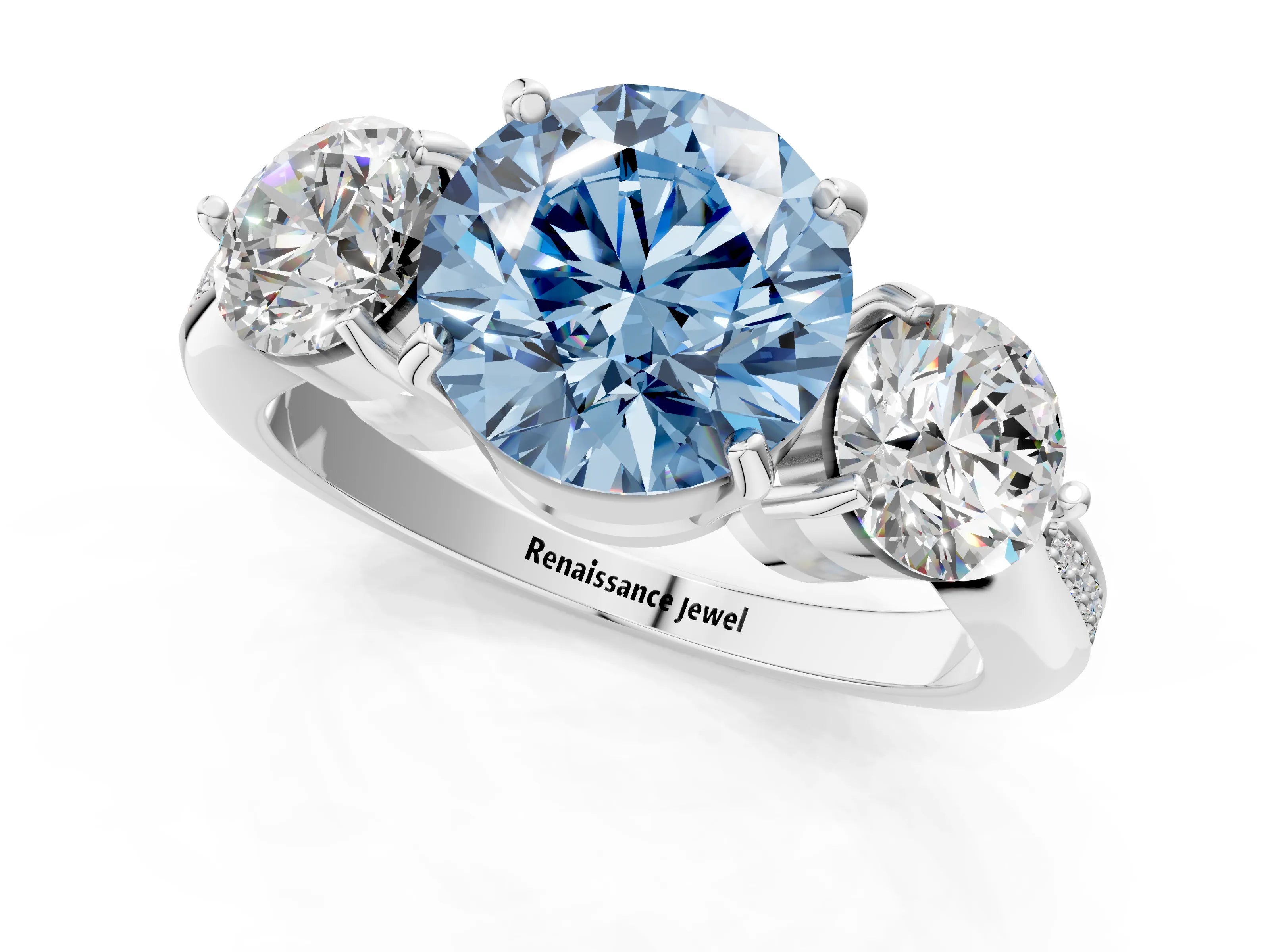 White gold Three-Stone Fancy Blue Round Cut Diamond Channel Set Engagement Ring with Prong Setting_13